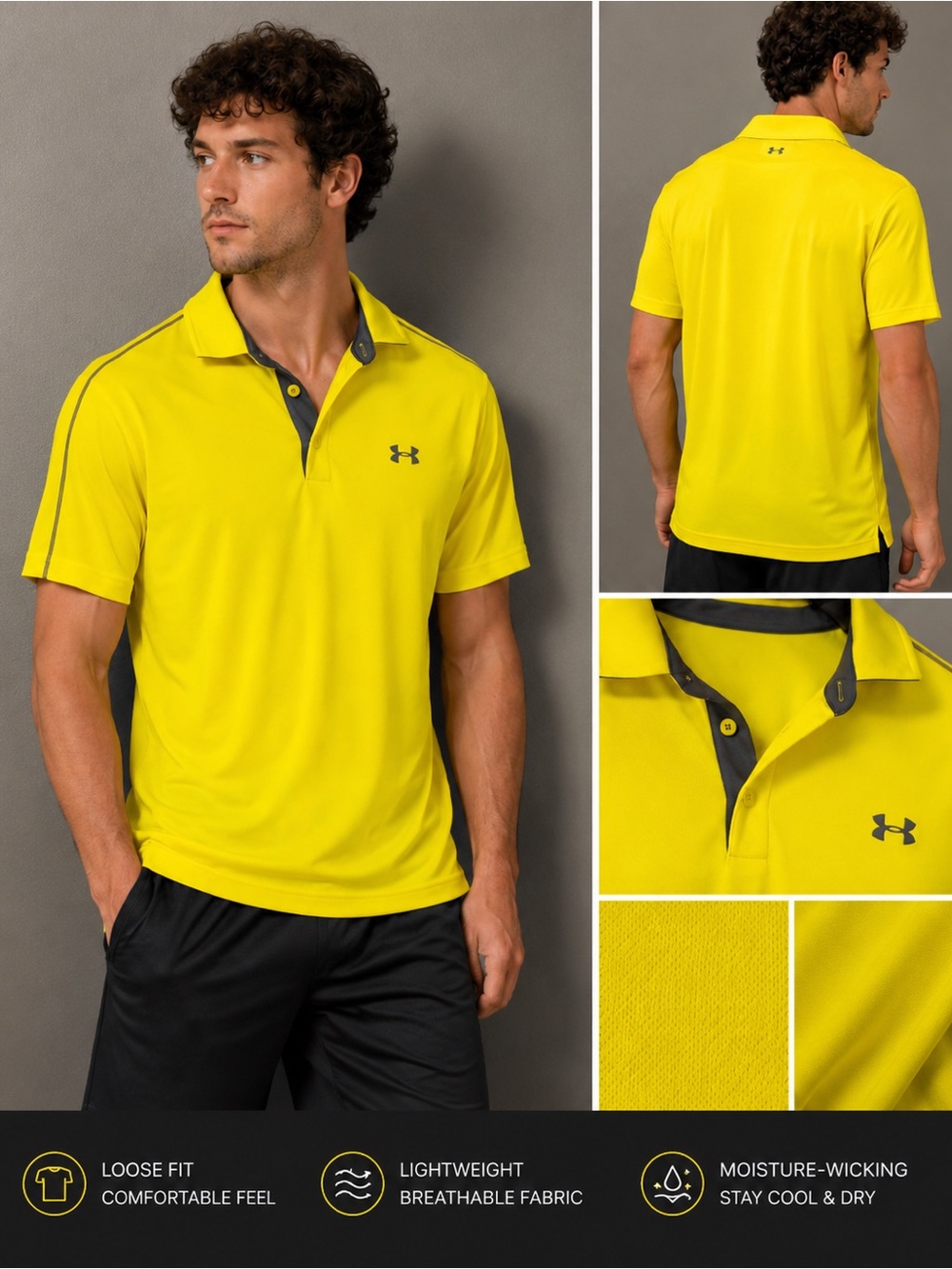 Under Armour Men’s Neon Yellow Polo with Dark Contrast Trim Size Medium